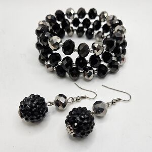 Black & Silver Glass Beaded Bracelets & Earrings